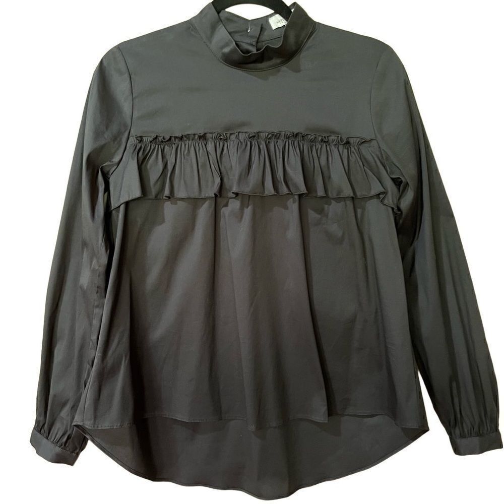 ANTHROPOLOGIE WAVERLY GREY Long Sleeve Ruffle Front Blouse Black Women’s Size XS